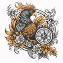 phoenix with viking compass and flowers growing tattoo design idea