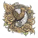phoenix with viking compass and flowers growing tattoo design idea