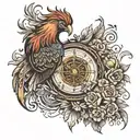 phoenix with viking compass and flowers growing tattoo design idea