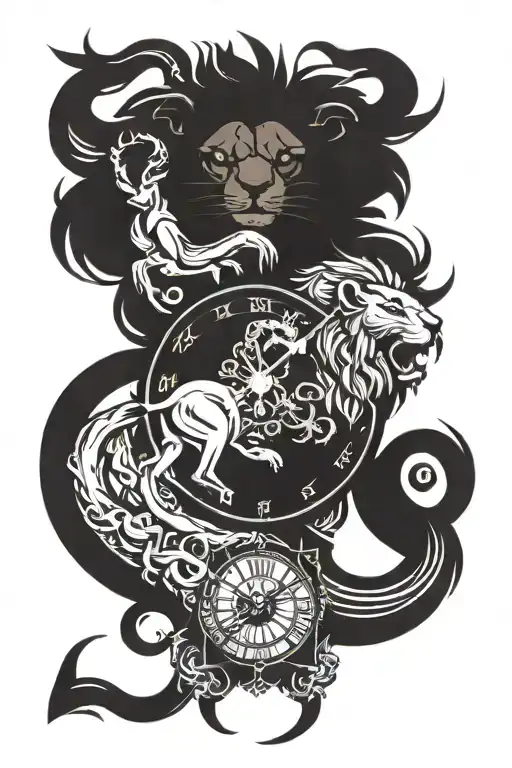 Clock with lion, scorpion and ram around it tattoo design idea