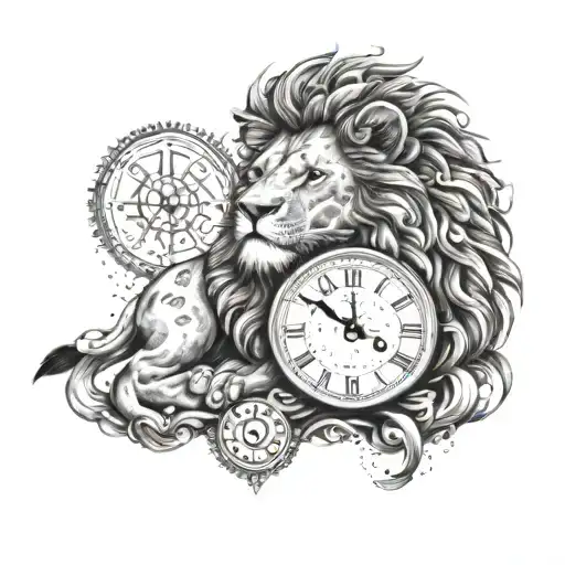 Lion with a clock surrounded tattoo design idea