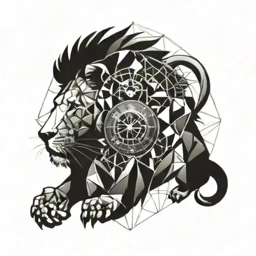 Lion with a clock surrounded tattoo design idea
