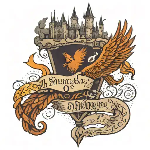 harry potter theme sleeve, with phoenix, hogwarts castle background, marauder map footsteps with "mischief managed" tattoo design idea