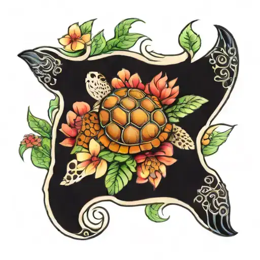 sea turtle with dahlia flower tattoo design idea