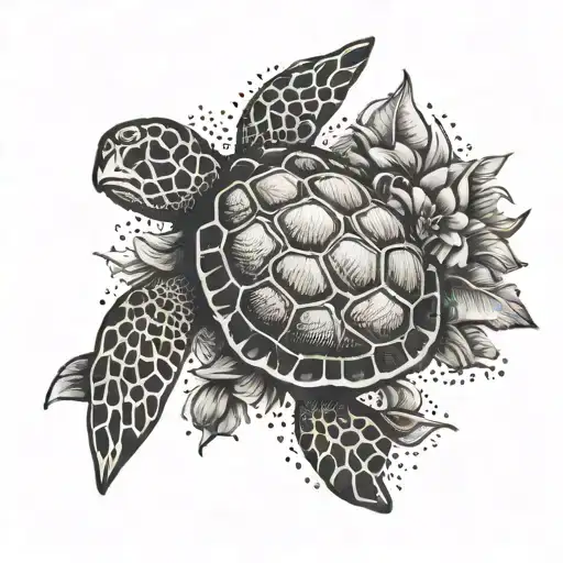 sea turtle dahlia flower tattoo design idea
