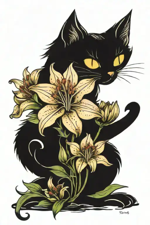 Cat lilly flowers tattoo design idea