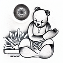 a teddy bear meditating in a zen garden tattoo design idea