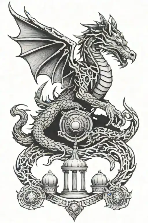 dragon, temple, wolf, medal, dumbbell intertwined tattoo design idea