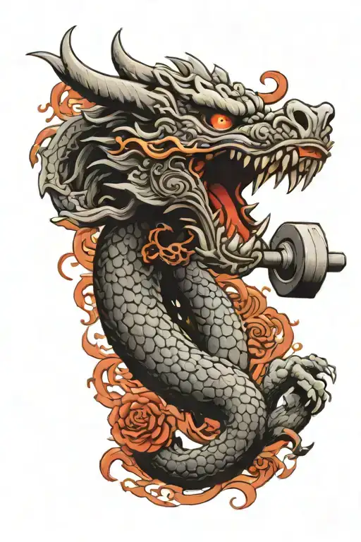 dragon, temple, wolf, medal, dumbbell intertwined tattoo design idea