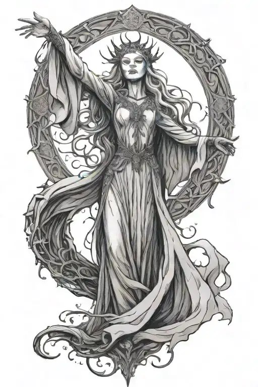 Full Body Dark Queen Galadriel, arms raised above her head tattoo design idea