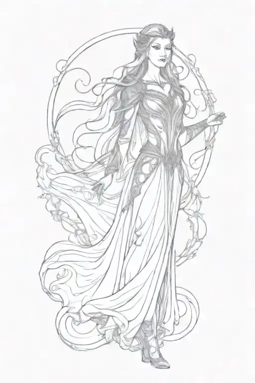 Full Body Dark Galadriel, arms raised tattoo design idea