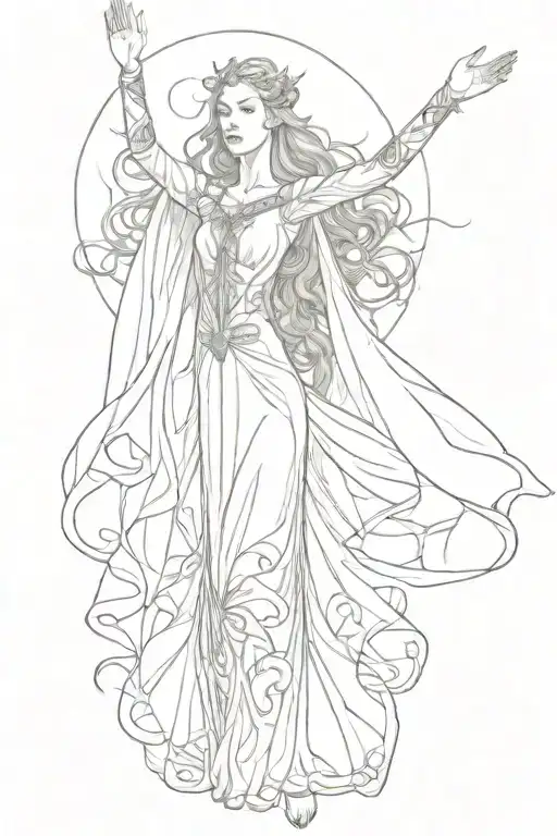 Full Body Galadriel, arms raised above her head tattoo design idea