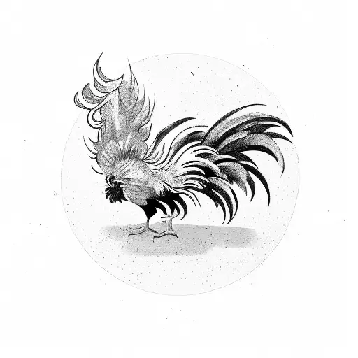A fierce rooster perched on an offroad vehicle, surrounded by a rock n roll concert crowd tattoo design idea