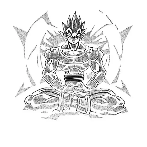 A dotwork tattoo of a dragon ball z character in a martial arts pose, surrounded by ancient symbols tattoo design idea