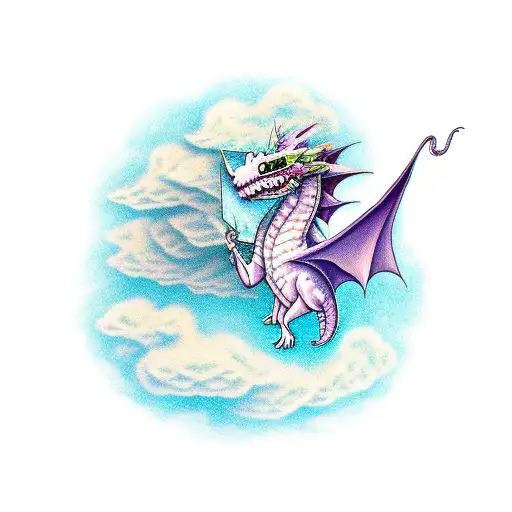 cute fantasy dragon flying through a cloud of wildflowers and books tattoo design idea