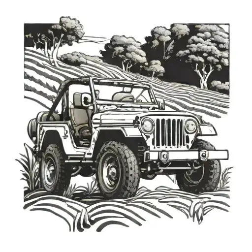 A detailed blackwork tattoo of a jeep driving through a coffee bean field tattoo design idea