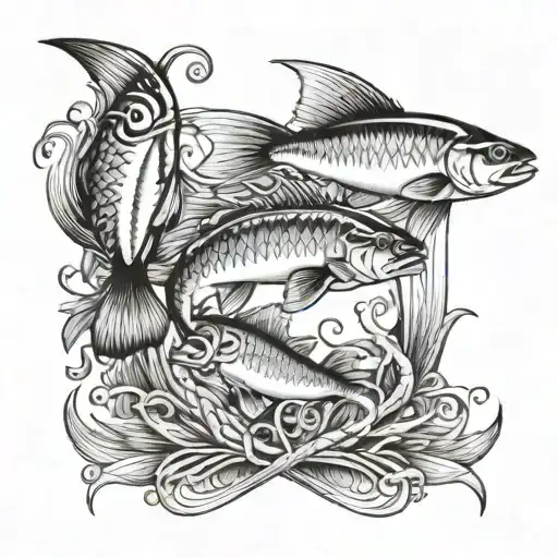 A half-sleeve tattoo of various saltwater fish species intertwined with fishing hooks and the client's family initials, symbolizing the connection between fish hunting, family, and personal identity tattoo design idea