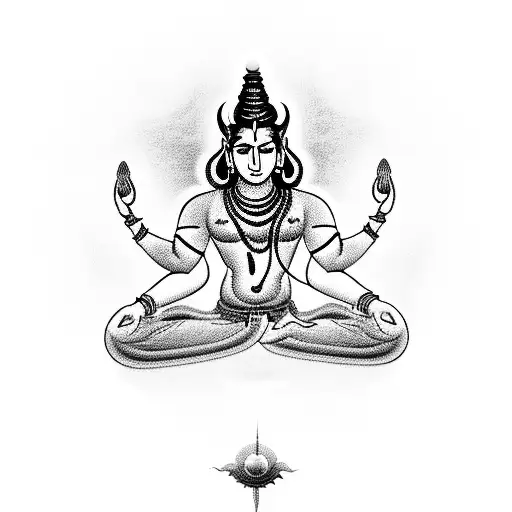 lord Shiva silhouette meditating with Mrityunjya mantra surrounding tattoo design idea