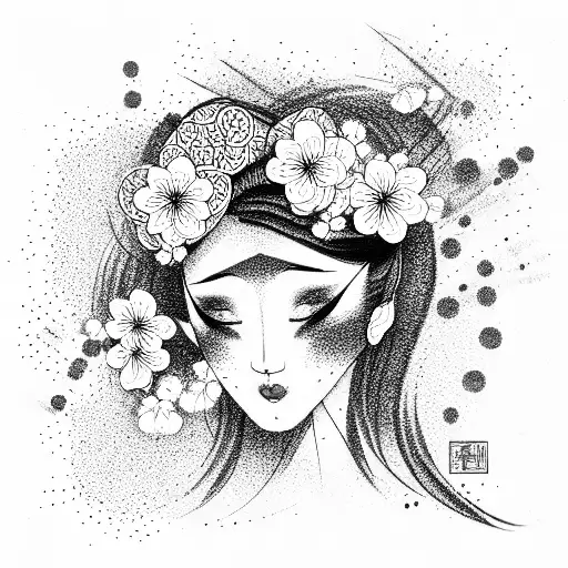 Geisha Face with Cherry Blossoms tattoo design idea