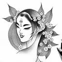 Geisha Standing and Cherry Blossom tree tattoo design idea