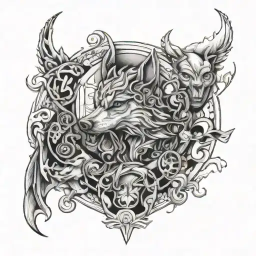 a tattoo design to cover the entire arm that has wolves, gods, thor, batman, viking and tempeleiros tattoo design idea