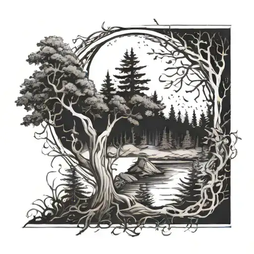 Incorporate a detailed crescent moon into a mystical forest scene tattoo design idea