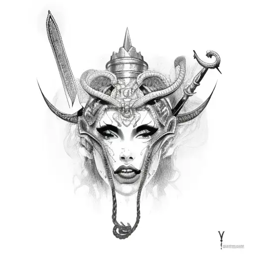 goddess head with a sword infront and 2 snakes wrapping the sword tattoo design idea