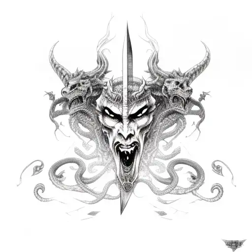  demoness head with a sword infront and 2 snakes wrapping the sword tattoo design idea