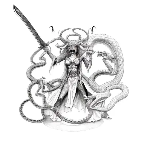  demoness holding a sword with 2 snakes wrapping the sword tattoo design idea