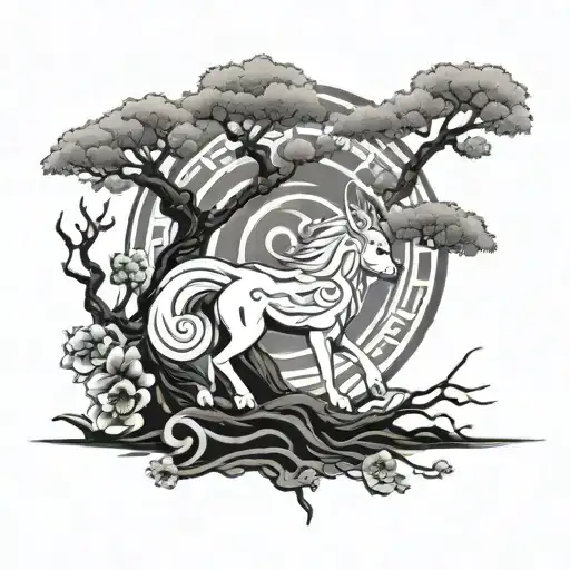 Amaterasu Japanese mythology cherry tree and Japanese signs tattoo design idea