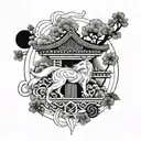 Amaterasu Japanese mythology cherry tree and Japanese signs tattoo design idea