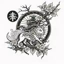 Amaterasu Japanese mythology cherry tree and Japanese signs tattoo design idea