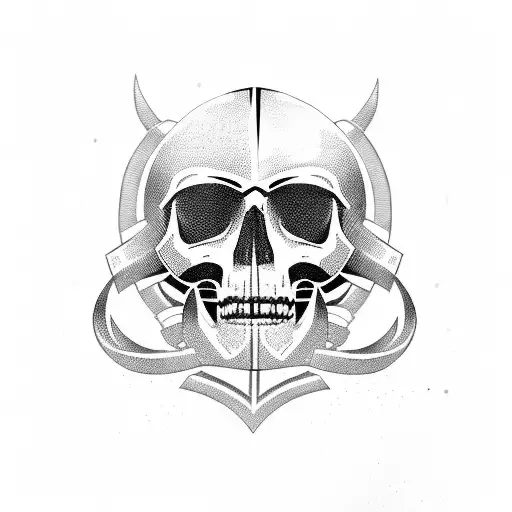 Military helmet adorned with rock and roll symbols and a skull tattoo design idea