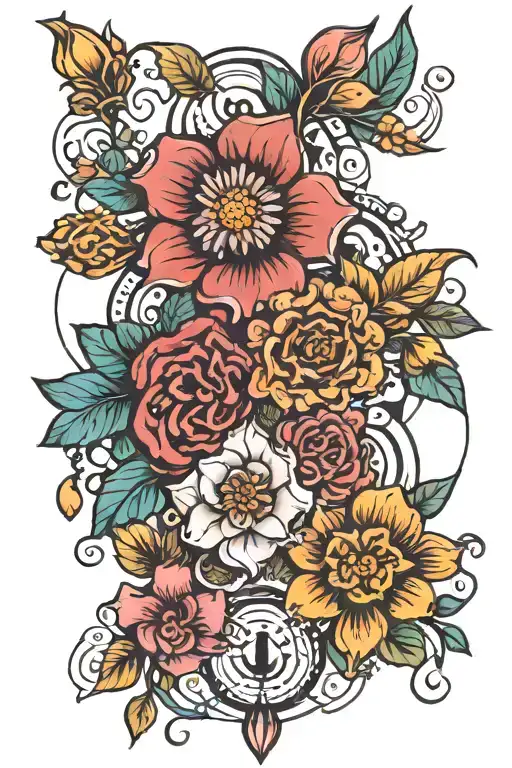 beautiful floral and meaningful symbols intertwined. intentional. gorgeous. colorful. meaningful representing resilience tattoo design idea