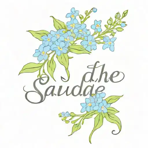 the word "saudade" in Old English TM font style with forget-me-nots on its sides tattoo design idea