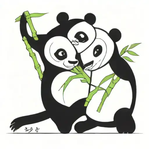 A minimalist design of a panda couple sharing a bamboo shoot, representing love and unity tattoo design idea