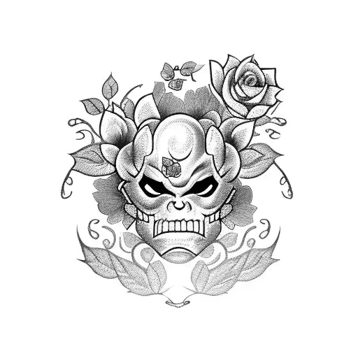 a rose under an oni mask with a cherry blossom tree over the mask  tattoo design idea