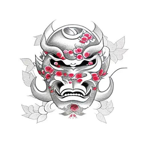 a rose under an oni mask with a cherry blossom tree over the mask  tattoo design idea