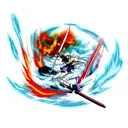 anime whit sword attack, thunder water and fire  tattoo design idea