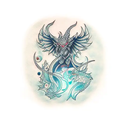 A dotwork tattoo of a video game controller morphing into a mythical creature tattoo design idea