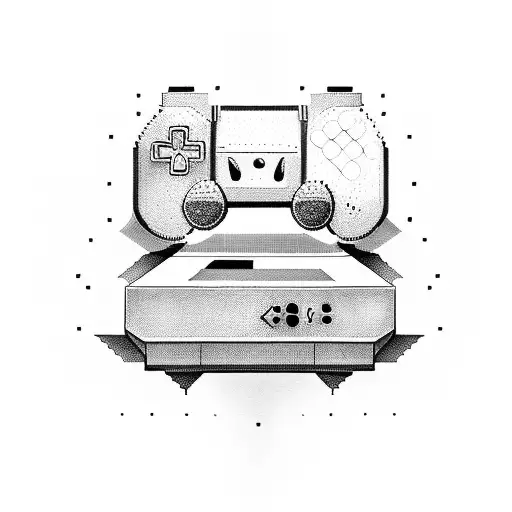 A 3D model of a video game console with pixelated controllers tattoo design idea