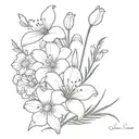 flower bouquet with Lilly, sweet pea, daisy, and aster  tattoo design idea