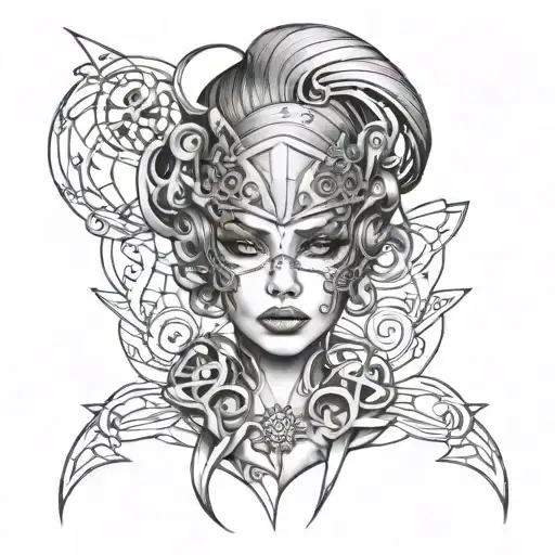 Design a tattoo of a woman with intricate metalwork tattoos on her skin, blending the beauty of art with the strength of metal, symbolizing the welder's passion for both tattoo design idea