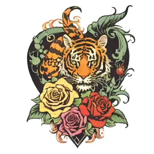 hell & roses, heart of tiger, beauty of mermaid tattoo design idea