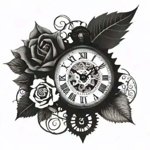 An intricate design of an olden clock with gears and cogs intertwined with delicate roses tattoo design idea