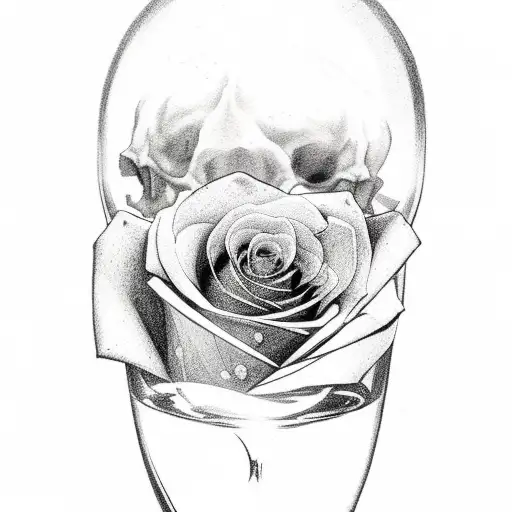 an hourglass with the top side has a rose inside, the bottom side has sand falling on a skull tattoo design idea