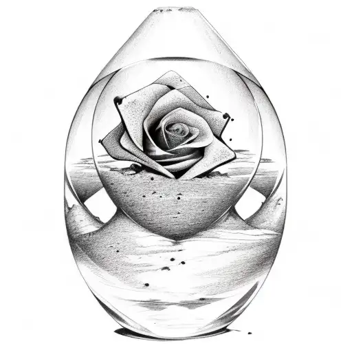 hourglass, with the top has a rose inside, the bottom has sand falling on a skull tattoo design idea