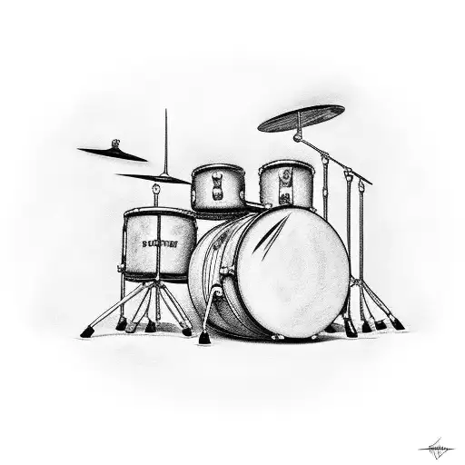 A drum set surrounded by the Foo Fighters' album covers tattoo design idea