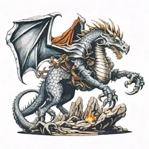 knight killing dragon in cave tattoo design idea