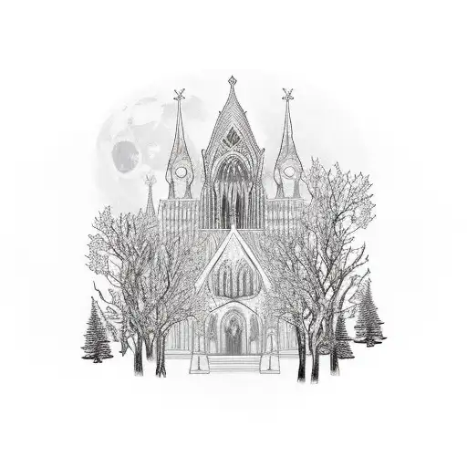 A blackwork tattoo of a gothic cathedral surrounded by dark and twisted trees, with a full moon in the background. tattoo design idea